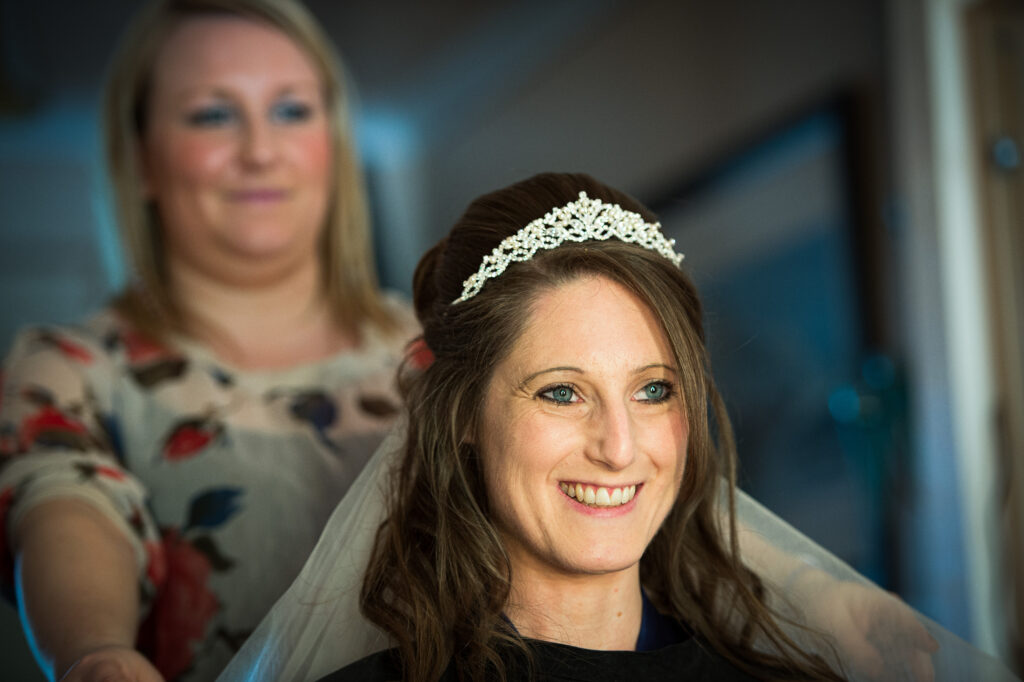 Close up of a bride with a silver tiara and veil for a York wedding.