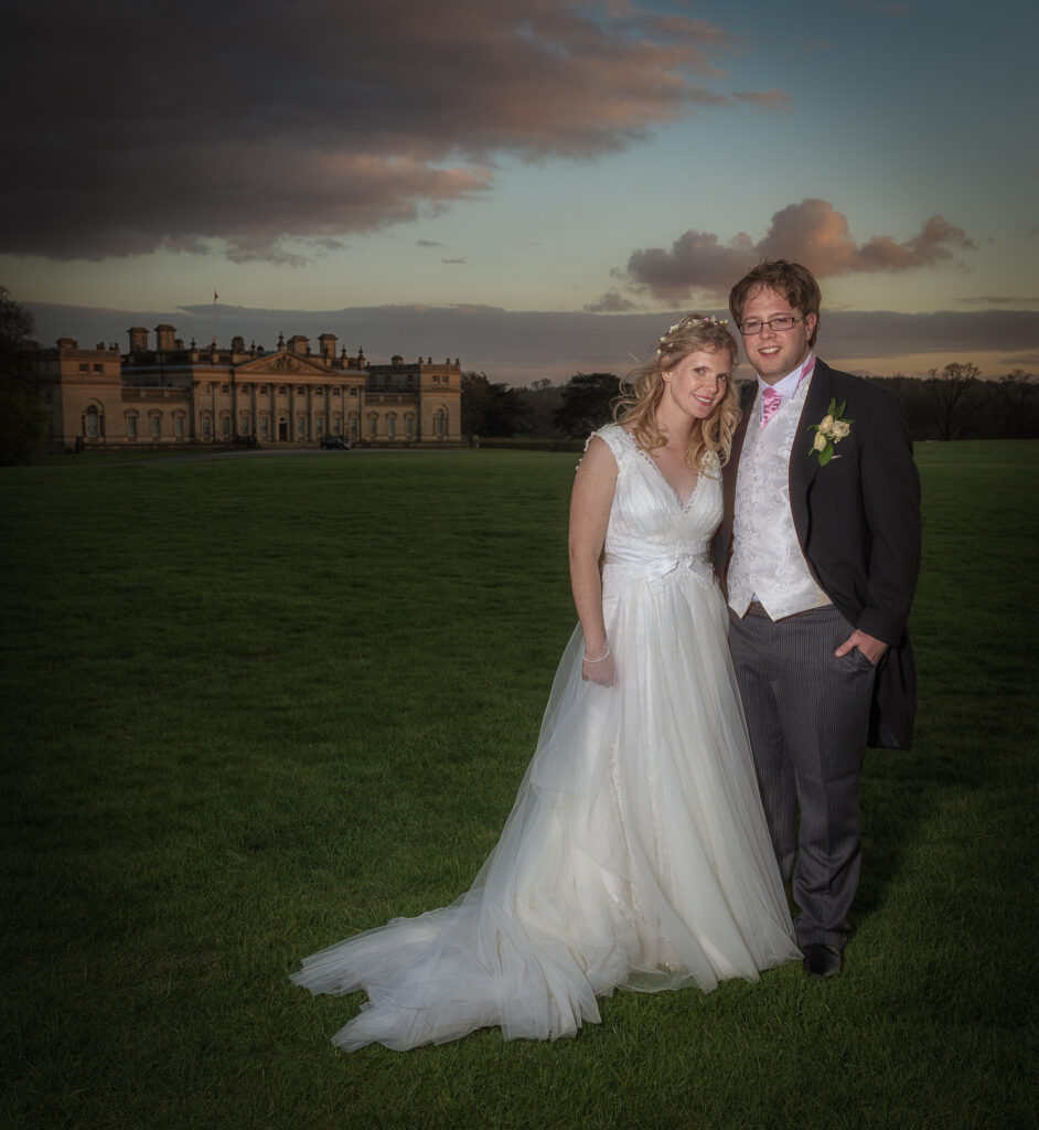 Howard Barnett captures the scale and beauty of a Leeds stately home wedding. This sunset portrait of Charles and Victoria is the perfect end to a beautiful day.