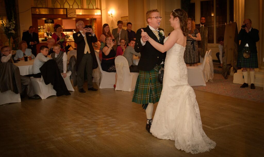 Bride and groom first dance at Harrogate wedding reception.