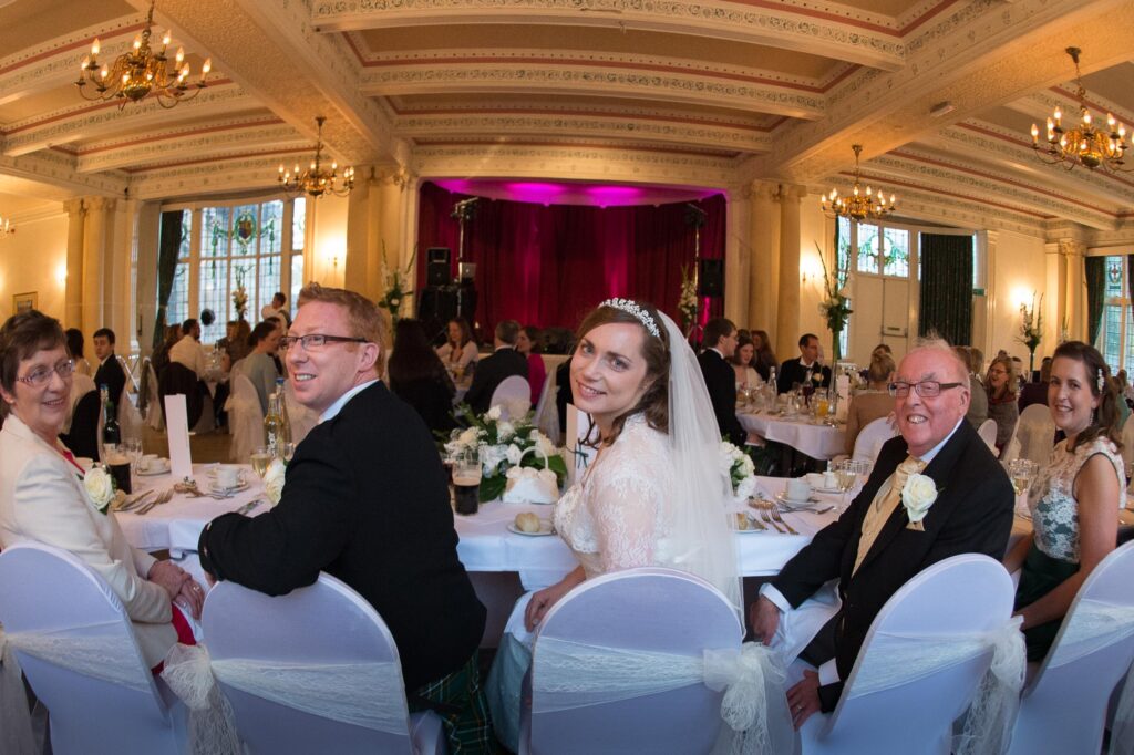 Wedding breakfast reception in a grand Harrogate hall.