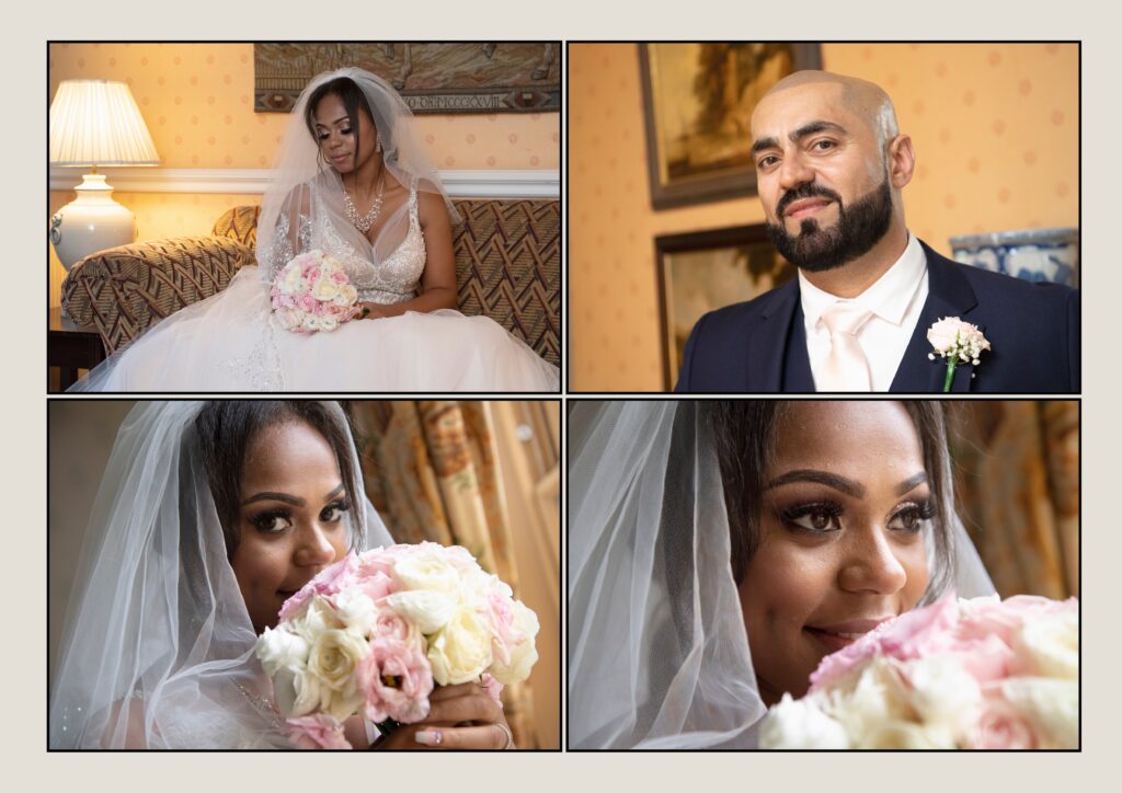 Elegant bridal portrait of Sophie with her pink rose bouquet, captured by Howard Barnett.