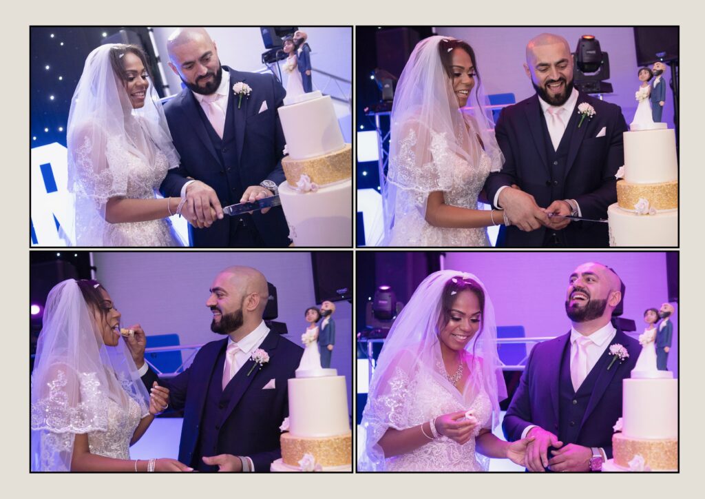 Sophie and Baz cutting their three-tier gold wedding cake during their Leeds reception