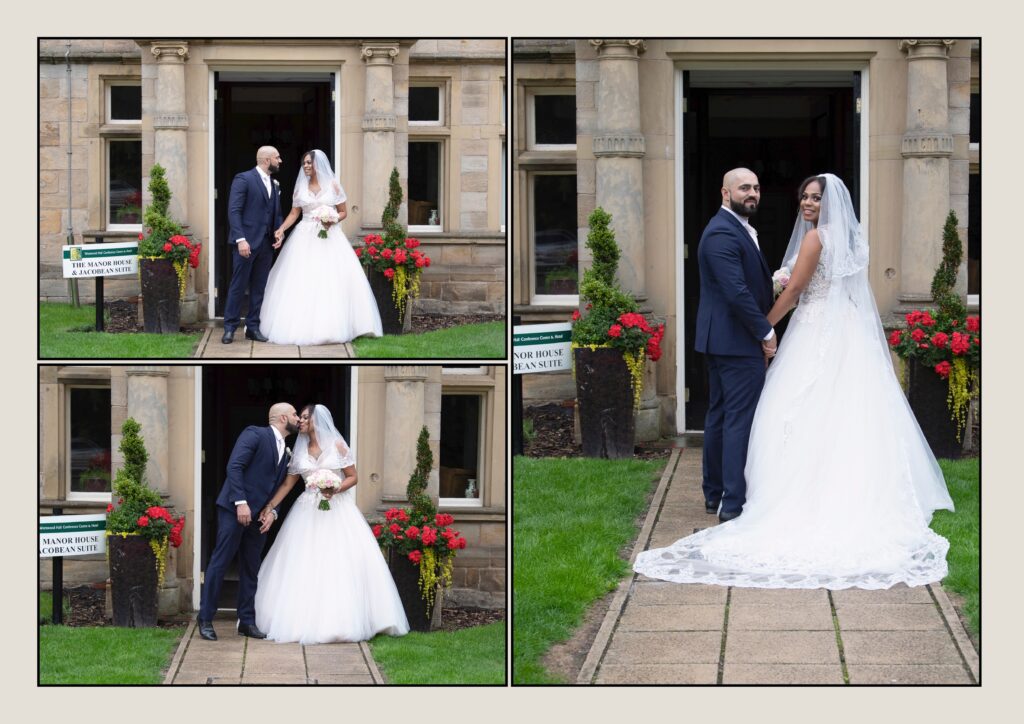 Sophie and Baz sharing a kiss outside the Jacobean Suite at Manor House Leeds.