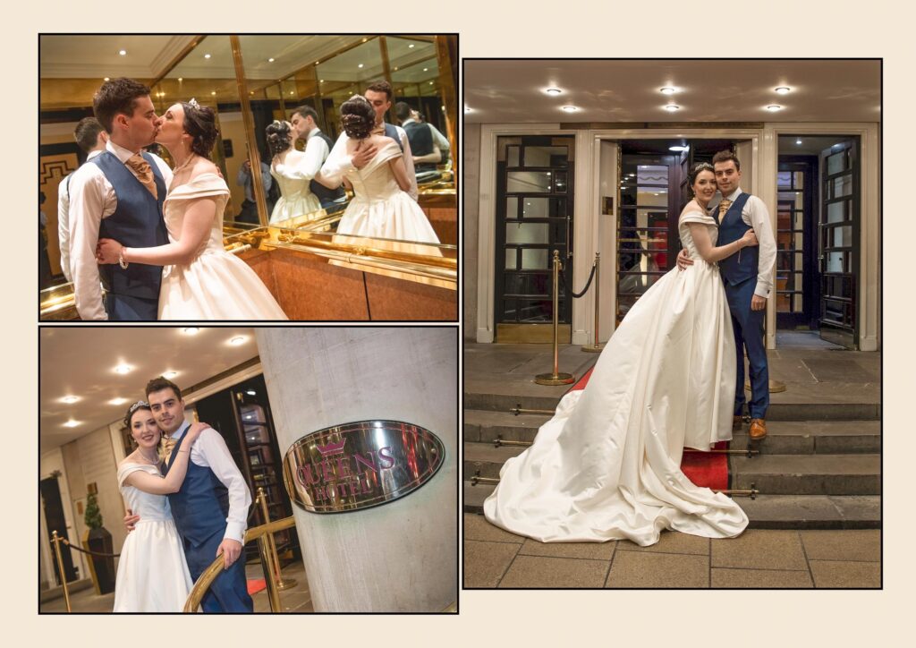 Newlyweds kissing in a gold elevator and posing under The Queens Hotel Leeds sign on the red carpet.